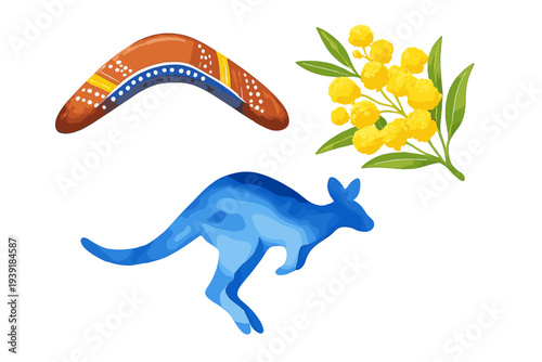 Boomerang and kangaroo with yellow flowers in a simple design on a