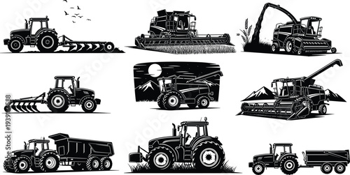 Agricultural machinery silhouettes including tractor and combine harvester working on farm fields, farming equipment vector illustration set