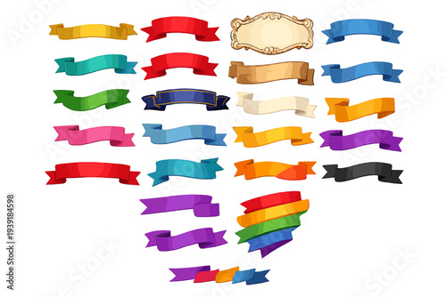 Collection of colorful ribbons and banners in various shapes and sizes