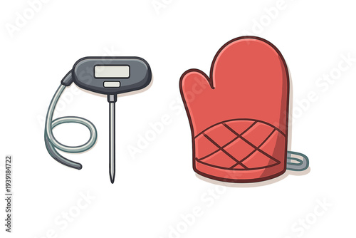 Kitchen tools for cooking with a thermometer and an oven mitt placed