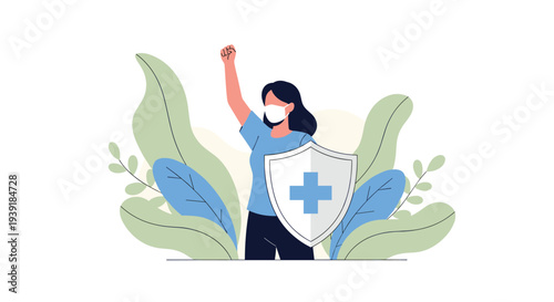 Empowered woman wearing a medical face mask holding a white shield with a blue cross symbol standing before large green leaves.