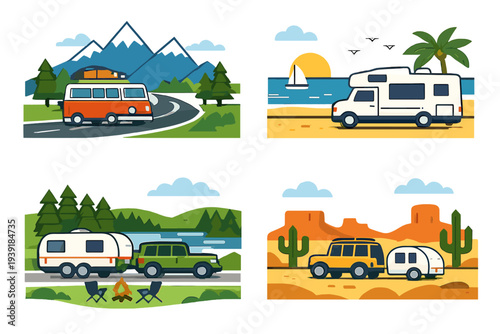 Road trip adventures with campers and RVs in diverse landscapes during