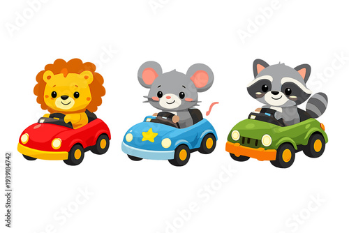 Cute cartoon animals riding toy cars in a fun race on a bright day in