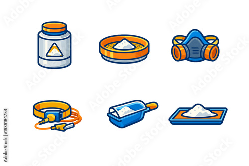 Different items used in powder handling and safety procedures in a