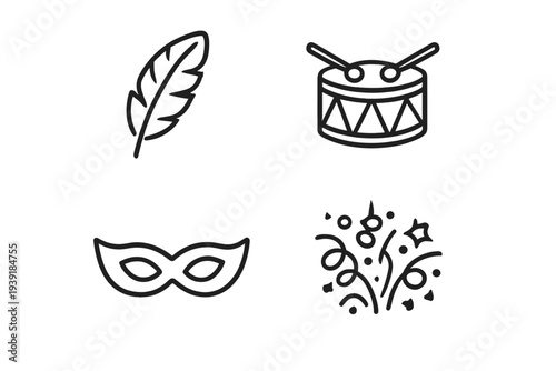 Symbols of celebration with feather drum mask and confetti for festive