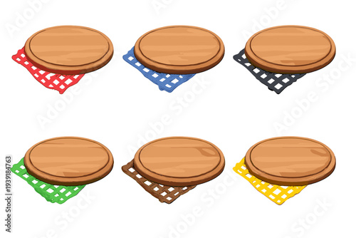Different colored mats with round wooden trays placed on top of them