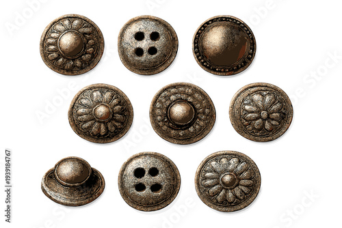 Diverse collection of decorative buttons arranged on a white