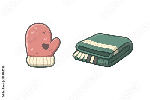 Warm mittens and a soft blanket seen on a plain background showing