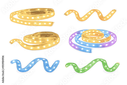 Colorful LED light strips arranged in various patterns on a white
