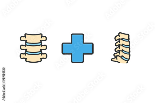 Spinal health symbols showing vertebrae and medical cross for health