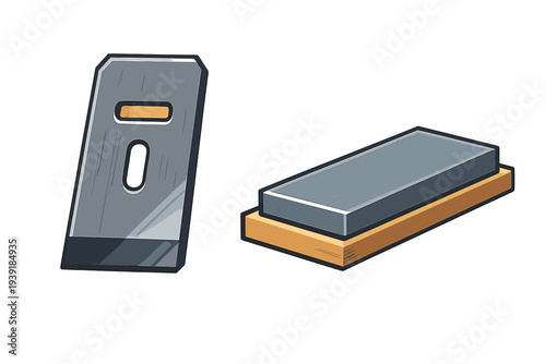 Metal tool and sharpening stone placed on a white background for