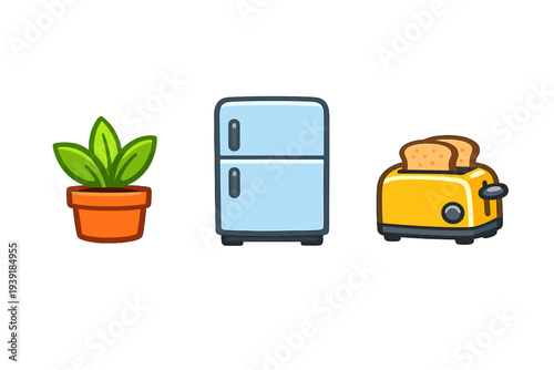 Kitchen scene with a plant refrigerator and toaster on a simple