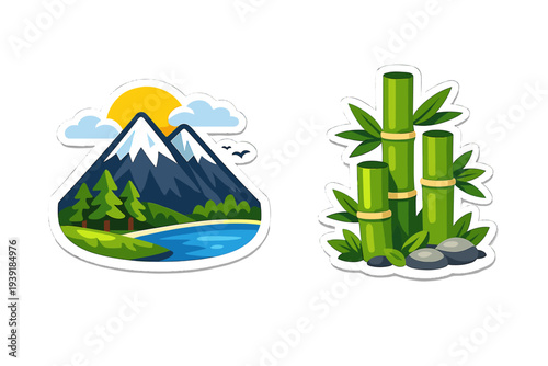 Mountain landscape with trees and river along with bamboo design on