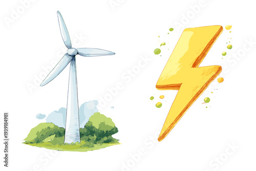 Wind turbine and lightning bolt represent renewable energy sources in