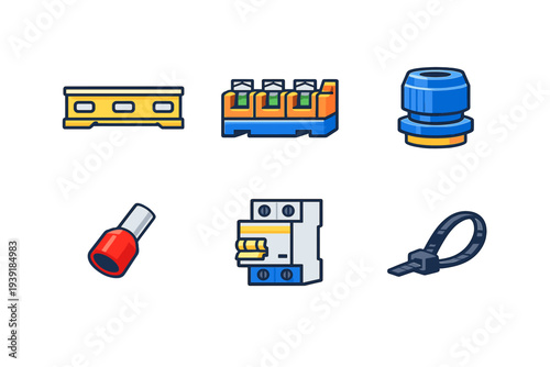Various electrical parts displayed in a simple layout for easy