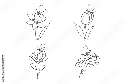 Detail of simple line drawings of flowers in various shapes and styles