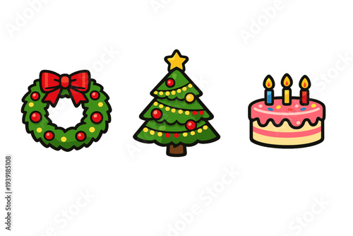 Holiday symbols of wreath Christmas tree and birthday cake displayed