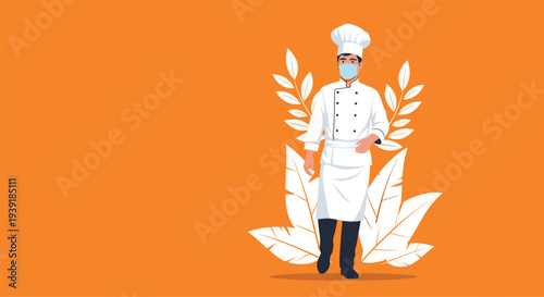 Professional male chef wearing a white uniform, tall hat, and a protective blue face mask against an orange background.
