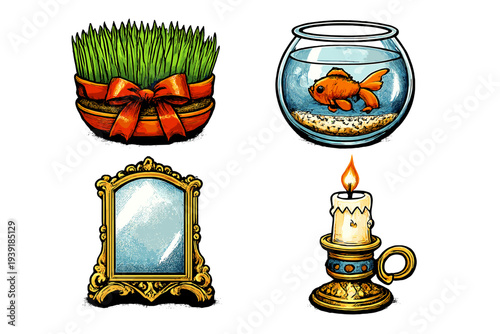 Decorative items including a plant fish bowl mirror and candle