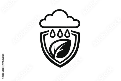 Design of a logo with a shield a leaf raindrops and a cloud
