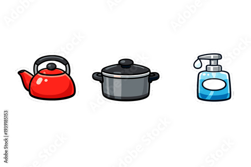 Kitchen items include a red kettle a black pot and a blue soap
