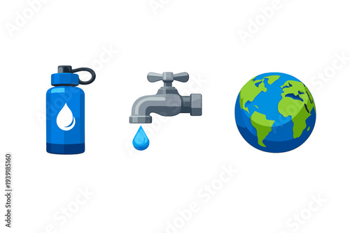 Water bottle and faucet with a water drop next to a globe showing