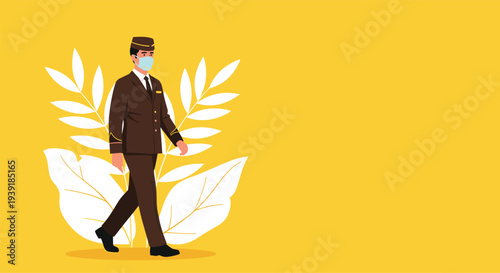 Man in a professional brown uniform and cap wearing a blue face mask walking confidently against a yellow background.