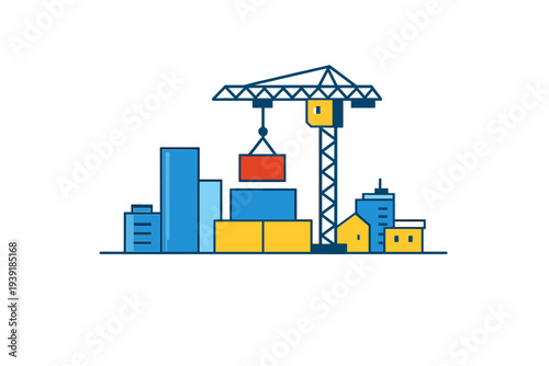 Construction site with crane lifting boxes and buildings in city at