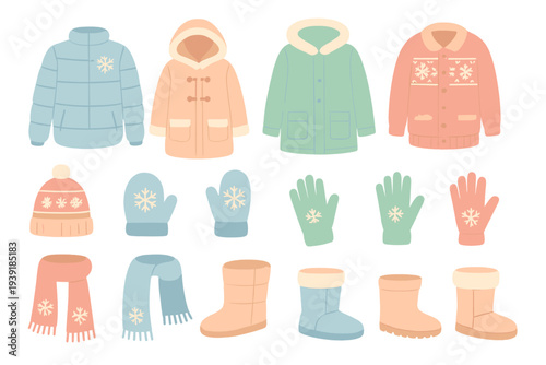 Winter clothing items arranged in a flat lay displaying various styles
