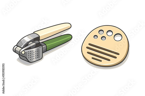 Kitchen tools for cooking and preparing food including a garlic press