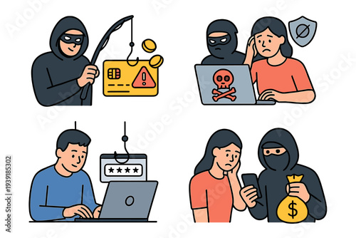 Cyber crime scenarios showing different types of online threats and