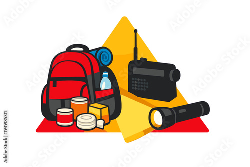 Emergency kit with backpack flashlight radio and food supplies on a
