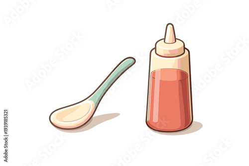 Ketchup bottle and spoon on a plain background in a kitchen setting