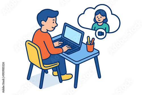 Young person uses a laptop to video chat with a friend while sitting