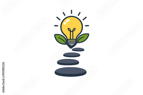 Light bulb with leaves and stepping stones leading towards a brighter