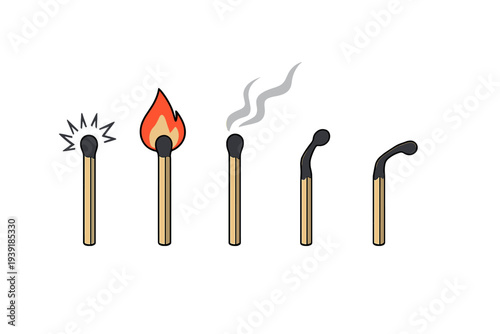 Matches start to burn create flame and begin to go out over time in a