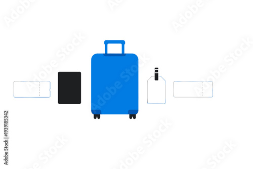 Suitcase and travel items arranged on a white background with no