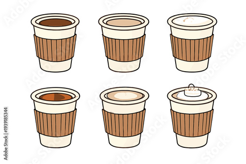 Different types of coffee cups on a simple background showing various