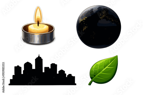 Candle flame and city skyline with globe and leaf in a simple design