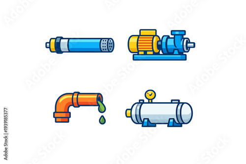 Different types of water supply and pump equipment shown in a clear