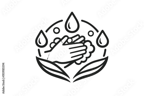 Hands washing a flower inside a design with drops and leaves showing a