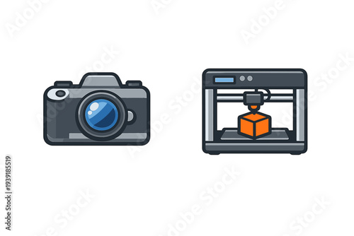 Two simple icons representing a camera and a 3D printer for creative