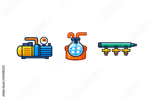 Icons for industrial equipment and laboratory tools showing a pump a