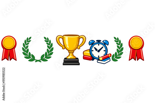 Celebration of achievements with trophies awards and books in a