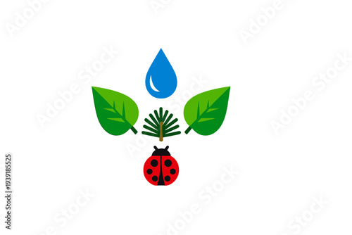 Design showing a drop of water leaves and a ladybug in a simple style