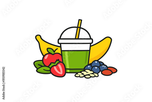 Fresh fruit smoothie with banana strawberries blueberries and leafy