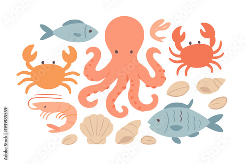 Colorful sea creatures in a marine theme with an octopus fish and