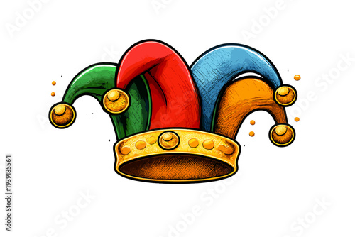 Colorful jester hat with four points and bells displayed on a plain