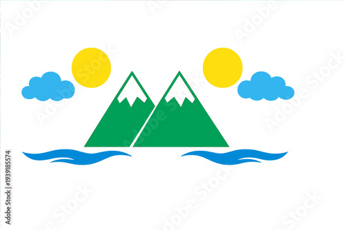 Mountains and sun with clouds over water in a simple design