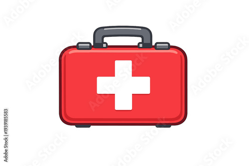Red first aid kit with a white cross on the front for medical